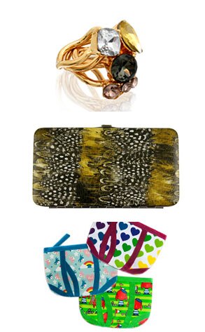 ASOS Colored Gem Rings, Forever 21 Feathered Wallet, Fred Flare Brief case