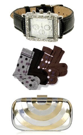 Forever 21 Rhinestone Watch, Charter Club Polka Dot Cashmere Sock Pack, Anya Hindmarch Disco Box Clutch