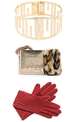 Gold Guess Who Hinge Cuff, Urban Decay Sparkly Sweet Body Powder, Preston & York 3-Button Gloves