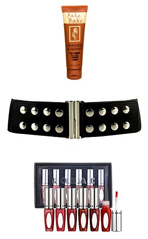 Fake Bake Sunless and Skinny Lotion, Forever 21 Leather Waist Belt, Lorac Mocktail Lipgloss
