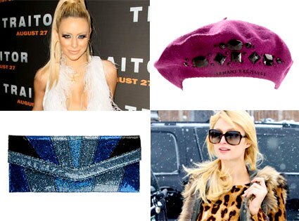 Aubrey O'Day, Paris Hilton, Forever 21 Glitter Clutch, Armani Exchange Beret