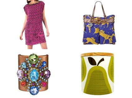 Alexander McQueen Tiger Print Shift, Erickson Beamon Jeweled Cuff Bracelet, Hayden-Harnett Canvas Flight Tote, Orla Kiely Storage Canister