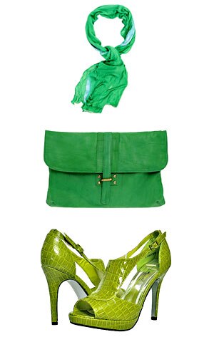  Forever 21 Concentric Tie Dye Scarf, ASOS Washed Leather Slot Through Clutch, Anne Michelle Foxy-68 Green Pumps