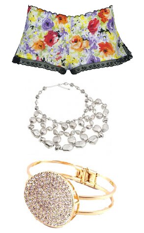 Forever 21 Watercolor Floral PJ Short, Top Shop Metal Nugget Collar Necklace, Shop4Sparkles Crystal Sphere Bangle