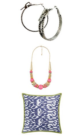 Fred Flare Zipper Hoops, Forever 21 Assorted Ring Bead Necklace, Crate and Barrel Cortez Pillow