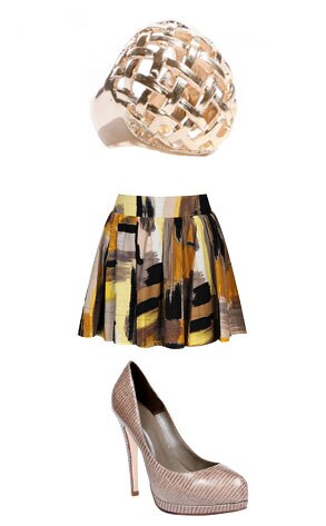Torrid Lattice Weave Ring, Forever 21 Brushstroke Swing Skirt, Steve Madden Slique Pump