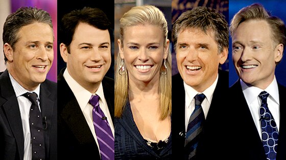 Jon Stewart, The Daily Show, Jimmy Kimmel, Jimmy Kimmel Live, Chelsea Handler, Chelsea Lately, Craig Ferguson, The Late Late Show, Conan O'Brien, The Tonight Show