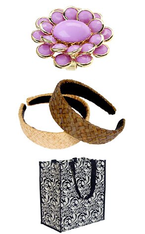 Forever 21 Wild Daisy Ring, EnviroVogue Tote, Rafia Headband
