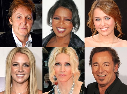 Paul McCartney, Oprah Winfrey, Miley Cyrus, Britney Spears, Madonna, Bruce Springsteen