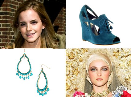 Emma Watson, Moschino Cheap and Chic Wedges, Lauren By Ralph Lauren Turquoise Chandelier Earrings, Christian Lacroix Model