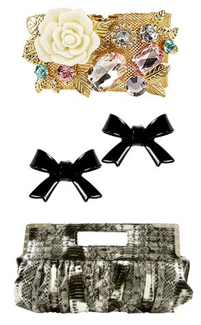Forever 21 Jeweled Flower Mesh Bracelet, Blair Mini Bow Earring Set, Anette Clutch