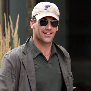 Jon Hamm sports his St. Louis Blues hat while he heads out for