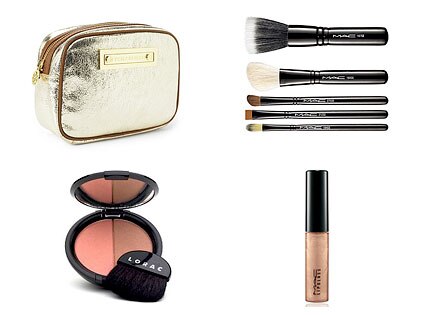 Tory Burch Cosmetic Bag, M.A.C. Brushes, Lorac Cheek Duo, M.A.C. Tinted Lipglass