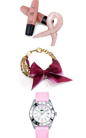 PurpleLab SWAC Sealed With A Cure Lip Gloss, Breast Cancer Ribbon Bracelet by Lisa for Loft, Lacoste Ladies Biarritz SS Pink Rubber Strap