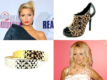Paris Hilton, Bargain Land Leopard Bootie, Pyramid Studded Metallic Headbands, Pamela Anderson