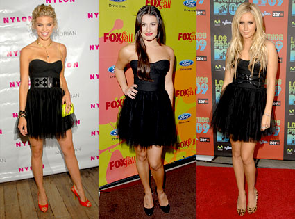 Long Black Dress on Three Hollywood Starlets Accesorise The Same Dress
