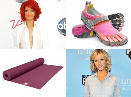 Rihanna, Vibram Five Fingers Bikila Running Shoe, Brooklyn Decker & Manduka eKo Lite Mat