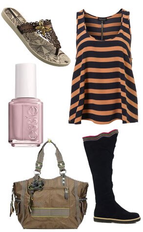 ELECTRA ZORA boots, Topshop Striped Vest, iPanema flip flops, George Gina Lucy Travel Bag, Essie Nail Polish