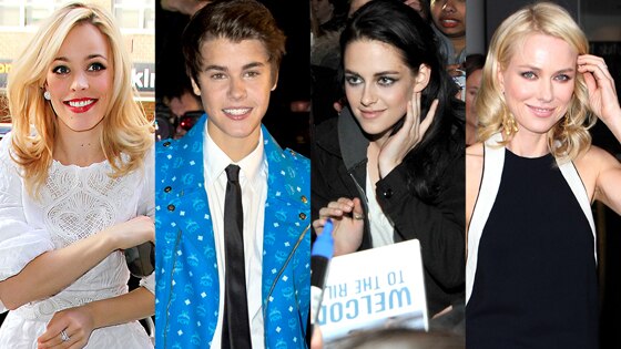 Rachel McAdams, Justin Bieber, Kristen Stewart, Naomi Watts