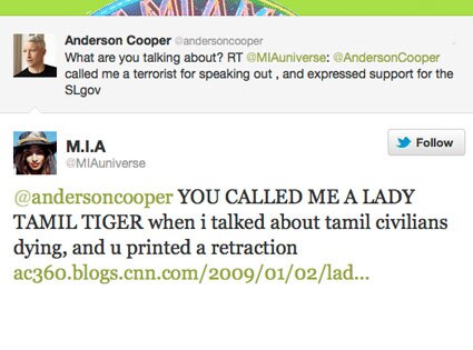 Anderson Cooper, M.I.A., Twitter