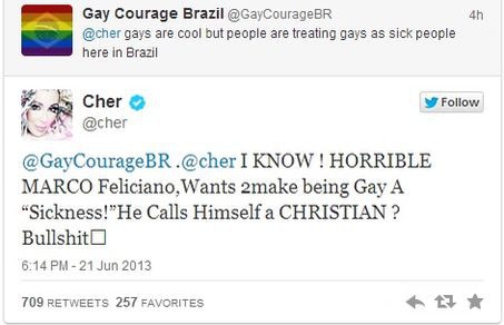 Cher, Marco Feliciano, Twitter, Gay Cher, Marco Feliciano, Twitter, Gay