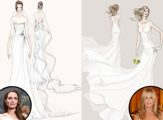Angelina Jolie, Jennifer Aniston, Wedding Dress Sketch, Watters Angelina Jolie, Jennifer Aniston, Wedding Dress Sketch, Watters