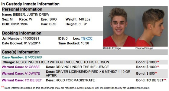 Justin Bieber, Mugshot Justin Bieber, Mugshot