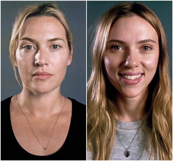 Scarlett Johansson e Kate Winslet com e sem maquiagem Scarlett Johansson e Kate Winslet com e sem maquiagem