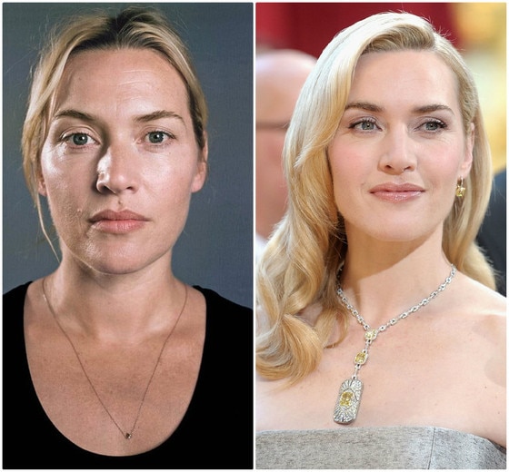Scarlett Johansson e Kate Winslet com e sem maquiagem Scarlett Johansson e Kate Winslet com e sem maquiagem