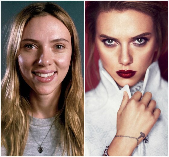Scarlett Johansson e Kate Winslet com e sem maquiagem Scarlett Johansson e Kate Winslet com e sem maquiagem