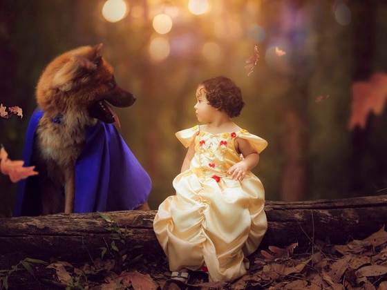 Menina e cachorro posam em ensaio fotográfico de A Bela e a Fera Menina e cachorro posam em ensaio fotográfico de A Bela e a Fera