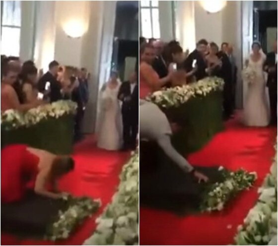 Convidada cai na passarela casamento Convidada cai na passarela casamento