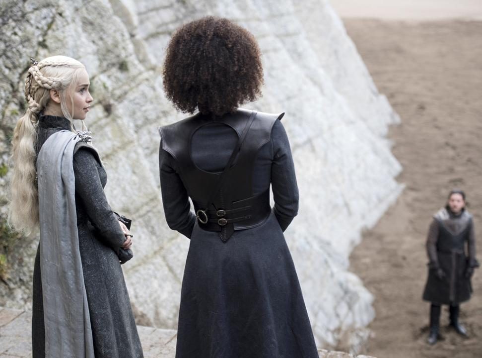 Daenerys Targaryen (Emilia Clarke), Missandei (Nathalie Emmanuel) & Jon Snow (Kit Harington) Daenerys Targaryen (Emilia Clarke), Missandei (Nathalie Emmanuel) & Jon Snow (Kit Harington)