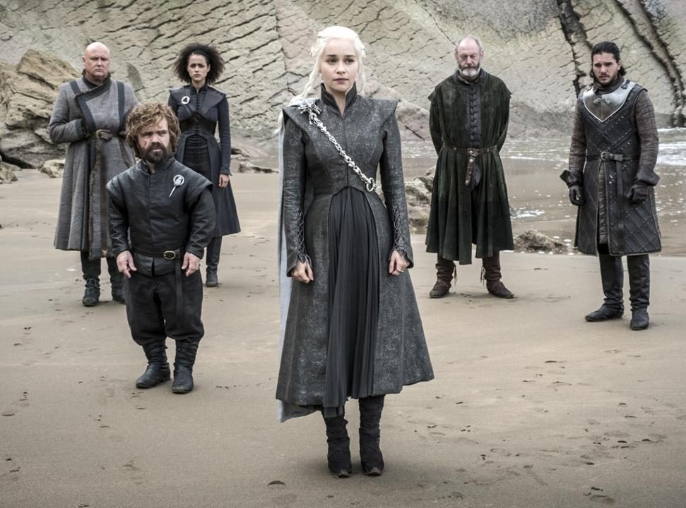 Varys (Conleth Hill), Tyrion Lannister (Peter Dinklage), Missandei (Nathalie Emmanuel), Daenerys Targaryen (Emilia Clarke), Davos Seaworth (Liam Cunningham) & Jon Snow (Kit Harington) Varys (Conleth Hill), Tyrion Lannister (Peter Dinklage), Missandei (Nathalie Emmanuel), Daenerys Targaryen (Emilia Clarke), Davos Seaworth (Liam Cunningham) & Jon Snow (Kit Harington)