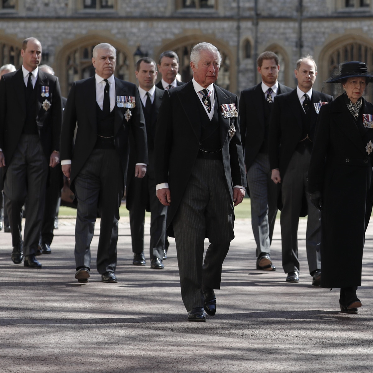 Prince Philip Funeral, Prince Charles, Princess Anne, Prince Andrew. Prince Edward, Prince William, Peter Phillips, Prince Harry